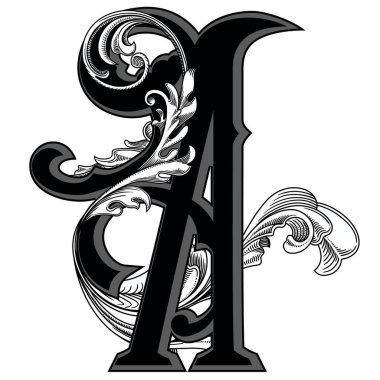 Beyaz arka planda izole edilmiş büyük harfli dekorasyonun vektör çizimi. Barok süslemeli zarif antik harf A. Baş harfler, logolar, amblemler için zarif siyah harfler.