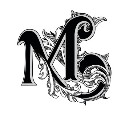 Beyaz arka planda izole edilmiş büyük harfli dekorasyonun vektör çizimi. Barok süslemeli zarif antik harf M. Baş harfler, logolar, amblemler için zarif siyah harfler.
