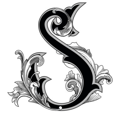 Beyaz arka planda izole edilmiş büyük harfli dekorasyonun vektör çizimi. Barok süslemeli zarif antika S harfi. Baş harfler, logolar, amblemler için zarif siyah harfler.