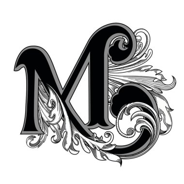 Beyaz arka planda izole edilmiş büyük harfli dekorasyonun vektör çizimi. Barok süslemeli zarif antik harf M. Baş harfler, logolar, amblemler için zarif siyah harfler.