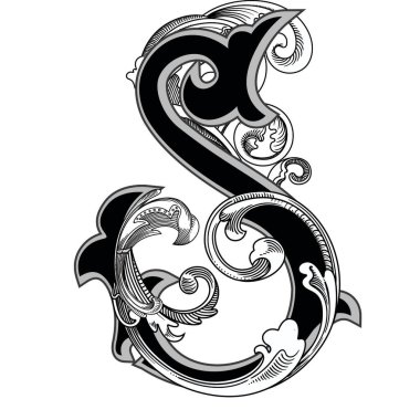 Beyaz arka planda izole edilmiş büyük harfli dekorasyonun vektör çizimi. Barok süslemeli zarif antika S harfi. Baş harfler, logolar, amblemler için zarif siyah harfler.