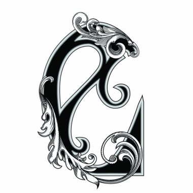 Beyaz arka planda izole edilmiş büyük harfli dekorasyonun vektör çizimi. Barok süslemeli zarif antika C harfi. Baş harfler, logolar, amblemler için zarif siyah harfler.