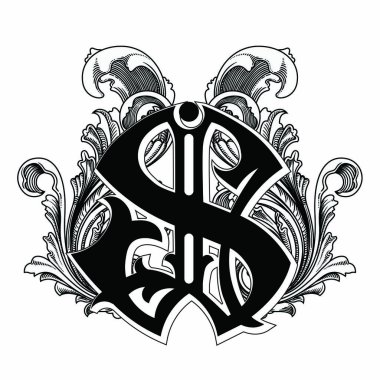 Beyaz arka planda izole edilmiş büyük harfli dekorasyonun vektör çizimi. Barok süslemeli zarif antika S harfi. Baş harfler, logolar, amblemler için zarif siyah harfler.