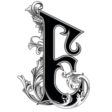 Beyaz arka planda izole edilmiş dekorasyonlu büyük harflerin vektör çizimi. Zarif antika harf ve barok süslemeler. Baş harfler, logolar, amblemler için zarif siyah harfler.
