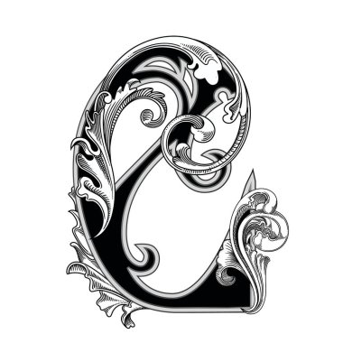 Beyaz arka planda izole edilmiş büyük harfli dekorasyonun vektör çizimi. Barok süslemeli zarif antika C harfi. Baş harfler, logolar, amblemler için zarif siyah harfler.