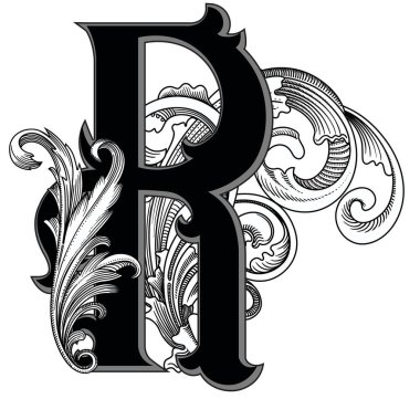 Beyaz arka planda izole edilmiş büyük harfli dekorasyonun vektör çizimi. Barok süslemeli zarif antik harf R. Baş harfler, logolar, amblemler için zarif siyah harfler.