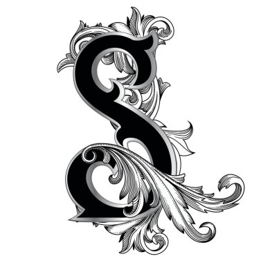 Beyaz arka planda izole edilmiş büyük harfli dekorasyonun vektör çizimi. Barok süslemeli zarif antika S harfi. Baş harfler, logolar, amblemler için zarif siyah harfler.