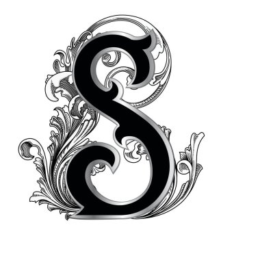 Beyaz arka planda izole edilmiş büyük harfli dekorasyonun vektör çizimi. Barok süslemeli zarif antika S harfi. Baş harfler, logolar, amblemler için zarif siyah harfler.