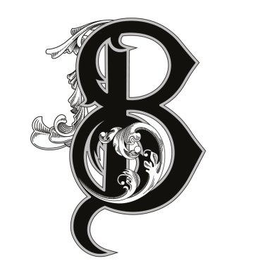 Beyaz arka planda izole edilmiş büyük harfli dekorasyonun vektör çizimi. Barok süslemeli zarif antik harf B. Baş harfler, logolar, amblemler için zarif siyah harfler.