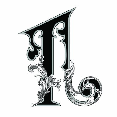 Beyaz arka planda izole edilmiş büyük harfli dekorasyonun vektör çizimi. Barok süslemeli zarif antika harf T. Baş harfler, logolar, amblemler için zarif siyah harfler.