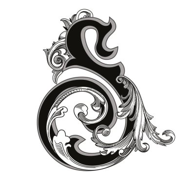 Beyaz arka planda izole edilmiş büyük harfli dekorasyonun vektör çizimi. Barok süslemeli zarif antika S harfi. Baş harfler, logolar, amblemler için zarif siyah harfler.
