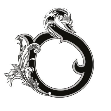 Beyaz arka planda izole edilmiş büyük harfli dekorasyonun vektör çizimi. Barok süslemeli zarif antika S harfi. Baş harfler, logolar, amblemler için zarif siyah harfler.