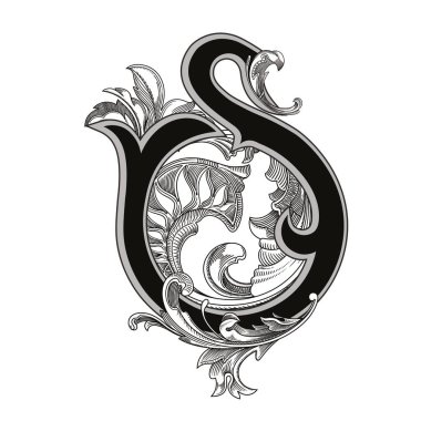 Beyaz arka planda izole edilmiş büyük harfli dekorasyonun vektör çizimi. Barok süslemeli zarif antika S harfi. Baş harfler, logolar, amblemler için zarif siyah harfler.