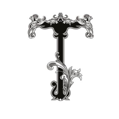 Beyaz arka planda izole edilmiş büyük harfli dekorasyonun vektör çizimi. Barok süslemeli zarif antika harf T. Baş harfler, logolar, amblemler için zarif siyah harfler.