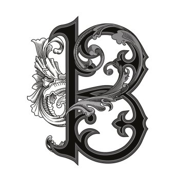 Beyaz arka planda izole edilmiş büyük harfli dekorasyonun vektör çizimi. Barok süslemeli zarif antik harf B. Baş harfler, logolar, amblemler için zarif siyah harfler.