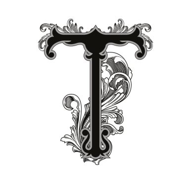 Beyaz arka planda izole edilmiş büyük harfli dekorasyonun vektör çizimi. Barok süslemeli zarif antika harf T. Baş harfler, logolar, amblemler için zarif siyah harfler.