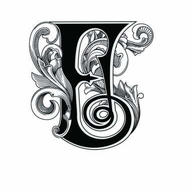 Beyaz arka planda izole edilmiş dekorasyonlu büyük harflerin vektör çizimi. Zarif antika harf ve barok süslemeler. Baş harfler, logolar, amblemler için zarif siyah harfler.