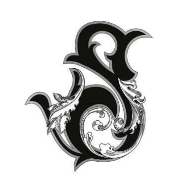 Beyaz arka planda izole edilmiş büyük harfli dekorasyonun vektör çizimi. Barok süslemeli zarif antika S harfi. Baş harfler, logolar, amblemler için zarif siyah harfler.