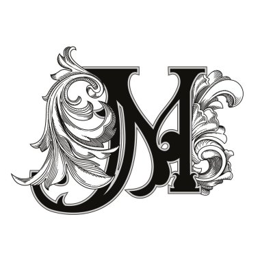 Beyaz arka planda izole edilmiş büyük harfli dekorasyonun vektör çizimi. Barok süslemeli zarif antik harf M. Baş harfler, logolar, amblemler için zarif siyah harfler.