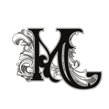 Beyaz arka planda izole edilmiş büyük harfli dekorasyonun vektör çizimi. Barok süslemeli zarif antik harf M. Baş harfler, logolar, amblemler için zarif siyah harfler.