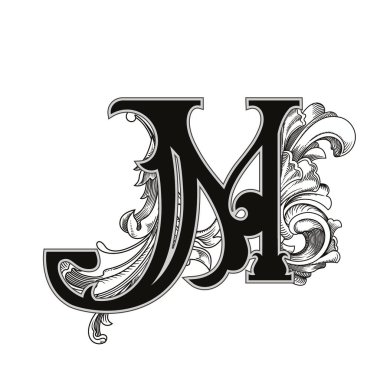 Beyaz arka planda izole edilmiş büyük harfli dekorasyonun vektör çizimi. Barok süslemeli zarif antik harf M. Baş harfler, logolar, amblemler için zarif siyah harfler.