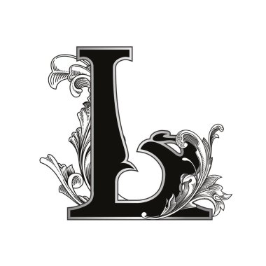 Beyaz arkaplanda izole edilmiş dekorasyonlu büyük harf vektör illüstrasyonu. Zarif, barok süslemeli antik harf L. Baş harfler, logolar, amblemler için zarif siyah harfler.