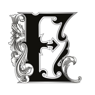 Beyaz arka planda izole edilmiş dekorasyonlu büyük harflerin vektör çizimi. Zarif antika harf ve barok süslemeler. Baş harfler, logolar, amblemler için zarif siyah harfler.
