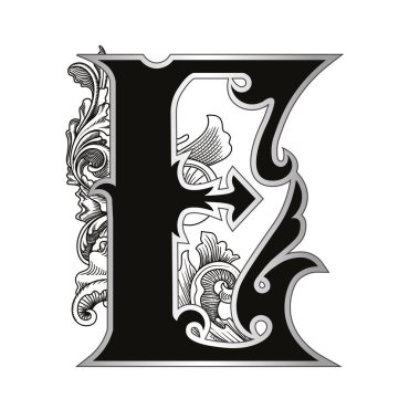 Beyaz arka planda izole edilmiş dekorasyonlu büyük harflerin vektör çizimi. Zarif antika harf ve barok süslemeler. Baş harfler, logolar, amblemler için zarif siyah harfler.