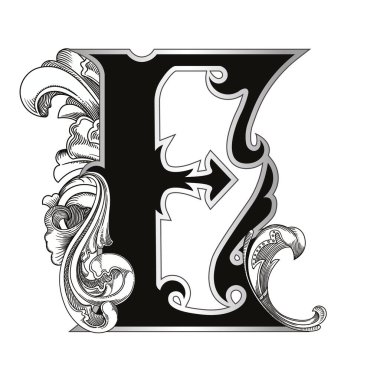 Beyaz arka planda izole edilmiş dekorasyonlu büyük harflerin vektör çizimi. Zarif antika harf ve barok süslemeler. Baş harfler, logolar, amblemler için zarif siyah harfler.
