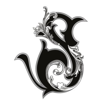 Beyaz arka planda izole edilmiş büyük harfli dekorasyonun vektör çizimi. Barok süslemeli zarif antika S harfi. Baş harfler, logolar, amblemler için zarif siyah harfler.