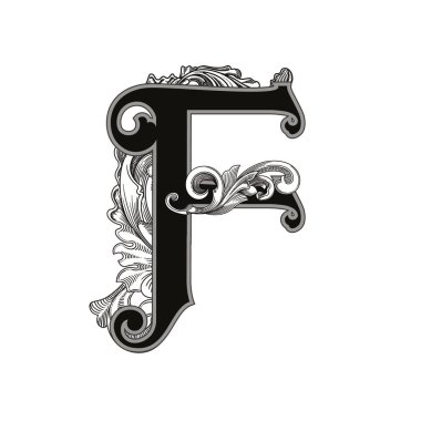 Beyaz arkaplanda izole edilmiş dekorasyonlu büyük harf vektör illüstrasyonu.Barok süslemeli zarif antik harf F. Baş harfler, logolar, amblemler için zarif siyah harfler.
