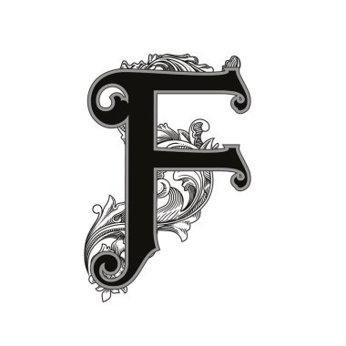 Beyaz arkaplanda izole edilmiş dekorasyonlu büyük harf vektör illüstrasyonu.Barok süslemeli zarif antik harf F. Baş harfler, logolar, amblemler için zarif siyah harfler.