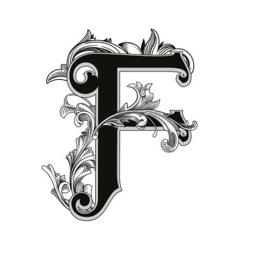 Beyaz arkaplanda izole edilmiş dekorasyonlu büyük harf vektör illüstrasyonu.Barok süslemeli zarif antik harf F. Baş harfler, logolar, amblemler için zarif siyah harfler.