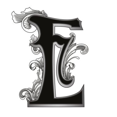 Beyaz arka planda izole edilmiş dekorasyonlu büyük harflerin vektör çizimi. Zarif antika harf ve barok süslemeler. Baş harfler, logolar, amblemler için zarif siyah harfler.