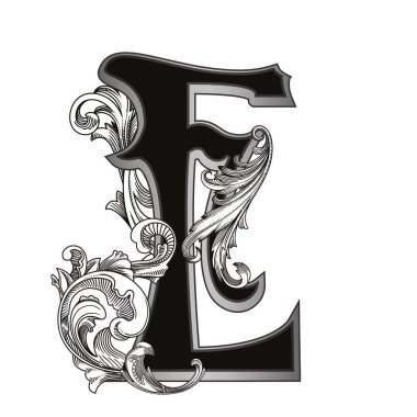 Beyaz arka planda izole edilmiş dekorasyonlu büyük harflerin vektör çizimi. Zarif antika harf ve barok süslemeler. Baş harfler, logolar, amblemler için zarif siyah harfler.