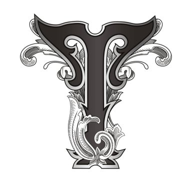 Beyaz arka planda izole edilmiş büyük harfli dekorasyonun vektör çizimi. Barok süslemeli zarif antika harf T. Baş harfler, logolar, amblemler için zarif siyah harfler.