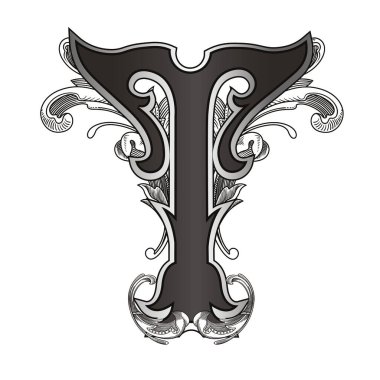Beyaz arka planda izole edilmiş büyük harfli dekorasyonun vektör çizimi. Barok süslemeli zarif antika harf T. Baş harfler, logolar, amblemler için zarif siyah harfler.