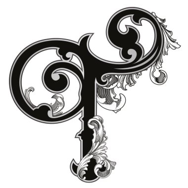 Beyaz arka planda izole edilmiş büyük harfli dekorasyonun vektör çizimi. Barok süslemeli zarif antika harf T. Baş harfler, logolar, amblemler için zarif siyah harfler.