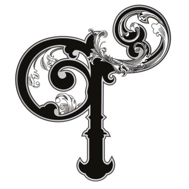 Beyaz arka planda izole edilmiş büyük harfli dekorasyonun vektör çizimi. Barok süslemeli zarif antika harf T. Baş harfler, logolar, amblemler için zarif siyah harfler.