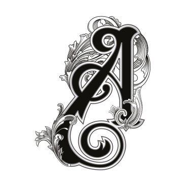 Beyaz arka planda izole edilmiş büyük harfli dekorasyonun vektör çizimi. Barok süslemeli zarif antik harf A. Baş harfler, logolar, amblemler için zarif siyah harfler.