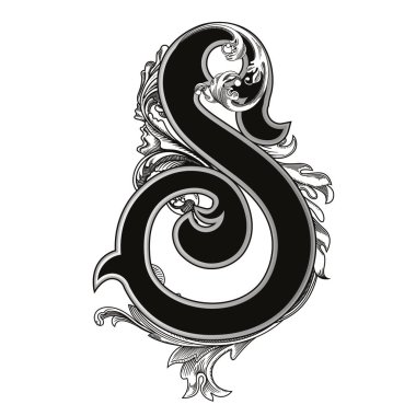 Beyaz arka planda izole edilmiş büyük harfli dekorasyonun vektör çizimi. Barok süslemeli zarif antika S harfi. Baş harfler, logolar, amblemler için zarif siyah harfler.