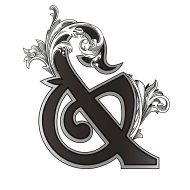 Beyaz arkaplanda izole edilmiş dekorasyonlu büyük harflerin vektör illüstrasyonu.Barok süslemeleri ile birlikte zarif antik harf sembolü. Baş harfler, logolar, amblemler için zarif siyah harfler.