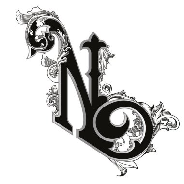 Beyaz arka planda izole edilmiş dekorasyonlu büyük harflerin vektör illüstrasyonu. Barok süslemeli zarif antika harf N. Baş harfler, logolar, amblemler için zarif siyah harfler.