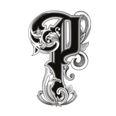 Beyaz arka planda izole edilmiş büyük harfli dekorasyonun vektör çizimi. Barok süslemeli zarif antika harf P. Baş harfler, logolar, amblemler için zarif siyah harfler.