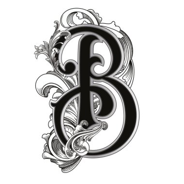 Beyaz arka planda izole edilmiş büyük harfli dekorasyonun vektör çizimi. Barok süslemeli zarif antik harf B. Baş harfler, logolar, amblemler için zarif siyah harfler.