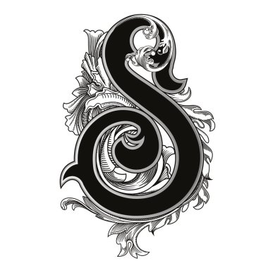 Beyaz arka planda izole edilmiş büyük harfli dekorasyonun vektör çizimi. Barok süslemeli zarif antika S harfi. Baş harfler, logolar, amblemler için zarif siyah harfler.