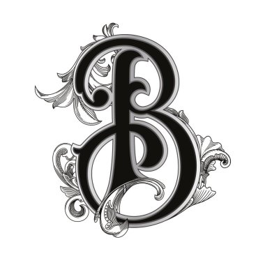 Beyaz arka planda izole edilmiş büyük harfli dekorasyonun vektör çizimi. Barok süslemeli zarif antik harf B. Baş harfler, logolar, amblemler için zarif siyah harfler.