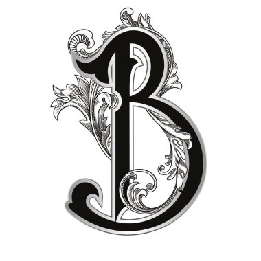 Beyaz arka planda izole edilmiş büyük harfli dekorasyonun vektör çizimi. Barok süslemeli zarif antik harf B. Baş harfler, logolar, amblemler için zarif siyah harfler.