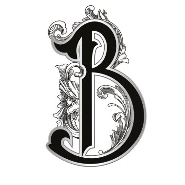 Beyaz arka planda izole edilmiş büyük harfli dekorasyonun vektör çizimi. Barok süslemeli zarif antik harf B. Baş harfler, logolar, amblemler için zarif siyah harfler.