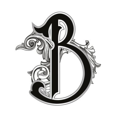 Beyaz arka planda izole edilmiş büyük harfli dekorasyonun vektör çizimi. Barok süslemeli zarif antik harf B. Baş harfler, logolar, amblemler için zarif siyah harfler.